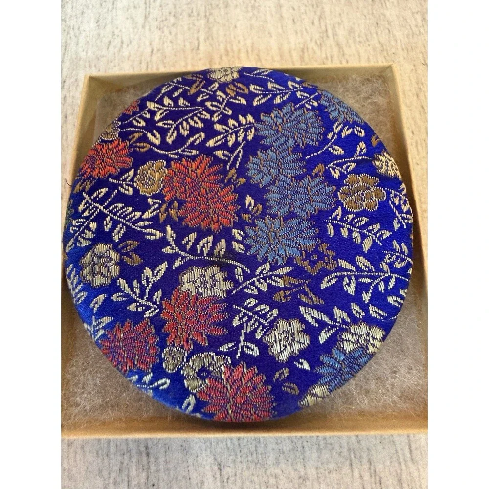 Vintage Style Blue Red Silk Metallic Gold Brocade Pocket Compact Mirror Floral